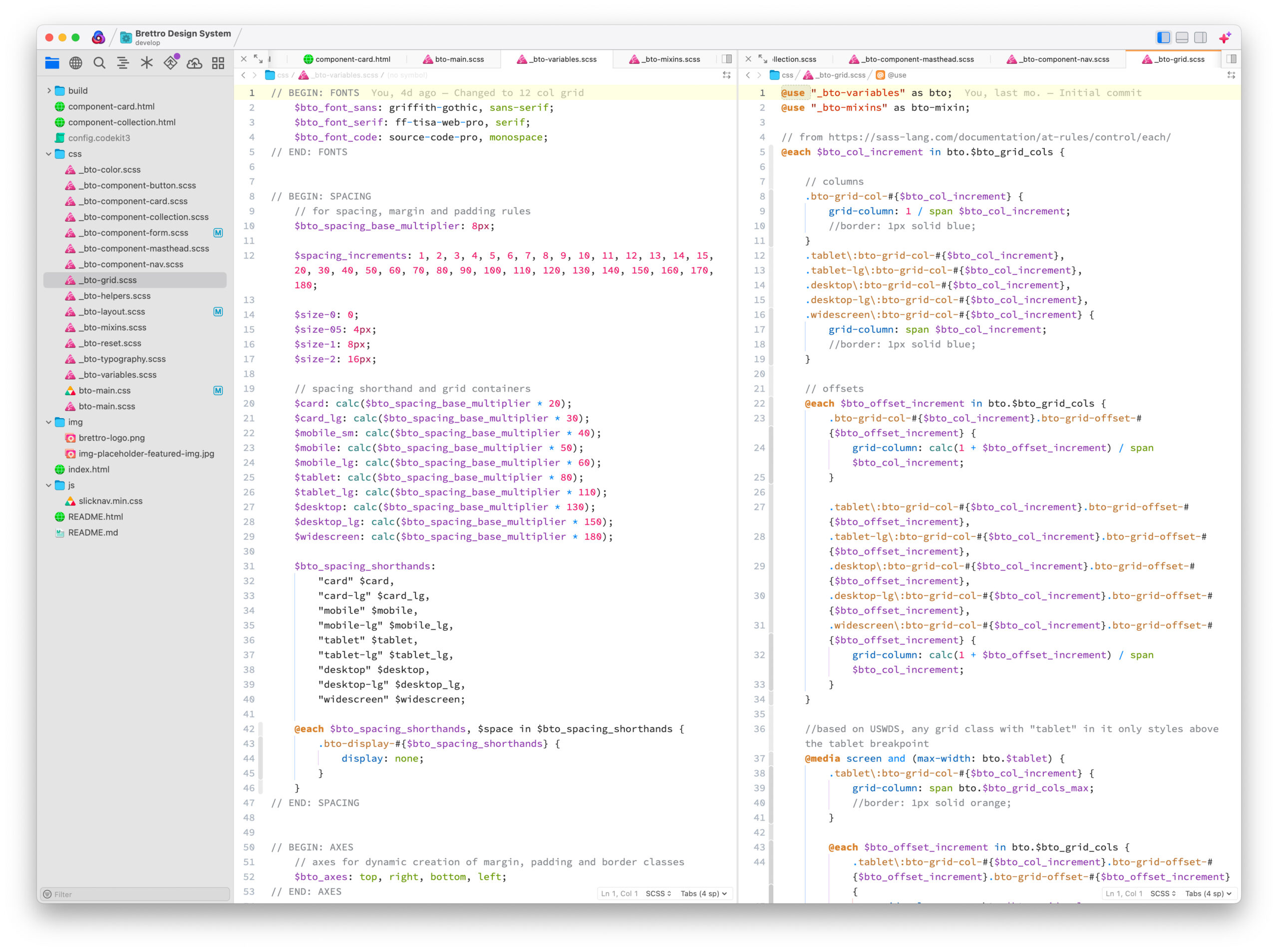 Initial SASS files as I was translating the Figma drawings into code.